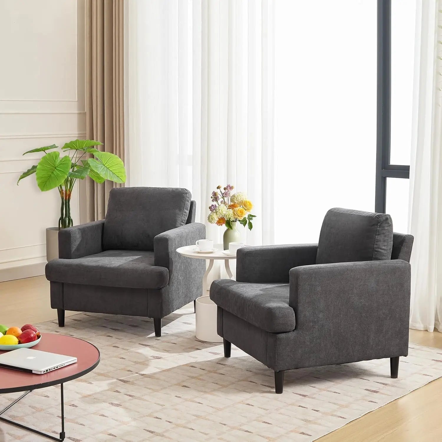 Fauteuil d’appoint style vintage – Fauteuil moderne en lin avec accoudoirs larges et pieds bois, chaise de lecture pour salon et chambre