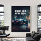 Affiche murale motivationnelle voiture de luxe – Poster citation "It Starts With A Dream", impression sur toile HD (sans cadre)