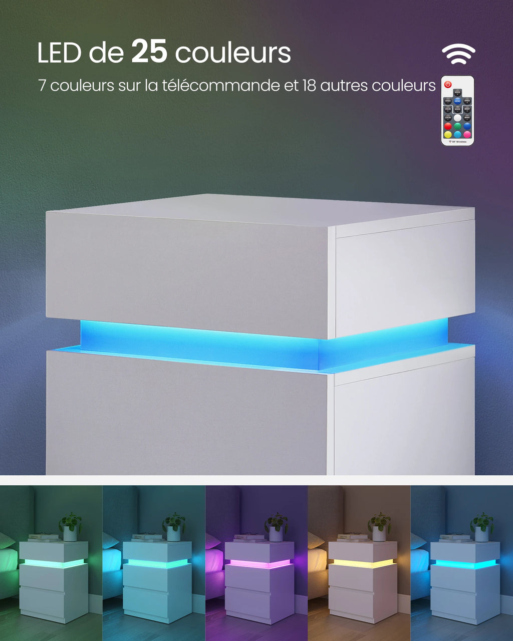 Table de chevet Moderne avec LED multicolore réglable – 3 tiroirs, style moderne, 35 × 40 × 55 cm
