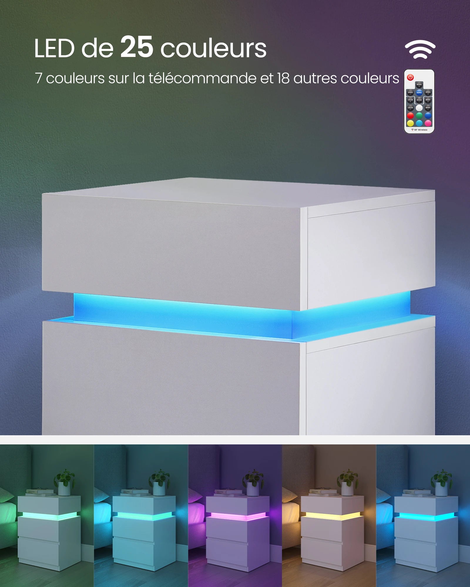 Table de chevet Moderne avec LED multicolore réglable – 3 tiroirs, style moderne, 35 × 40 × 55 cm