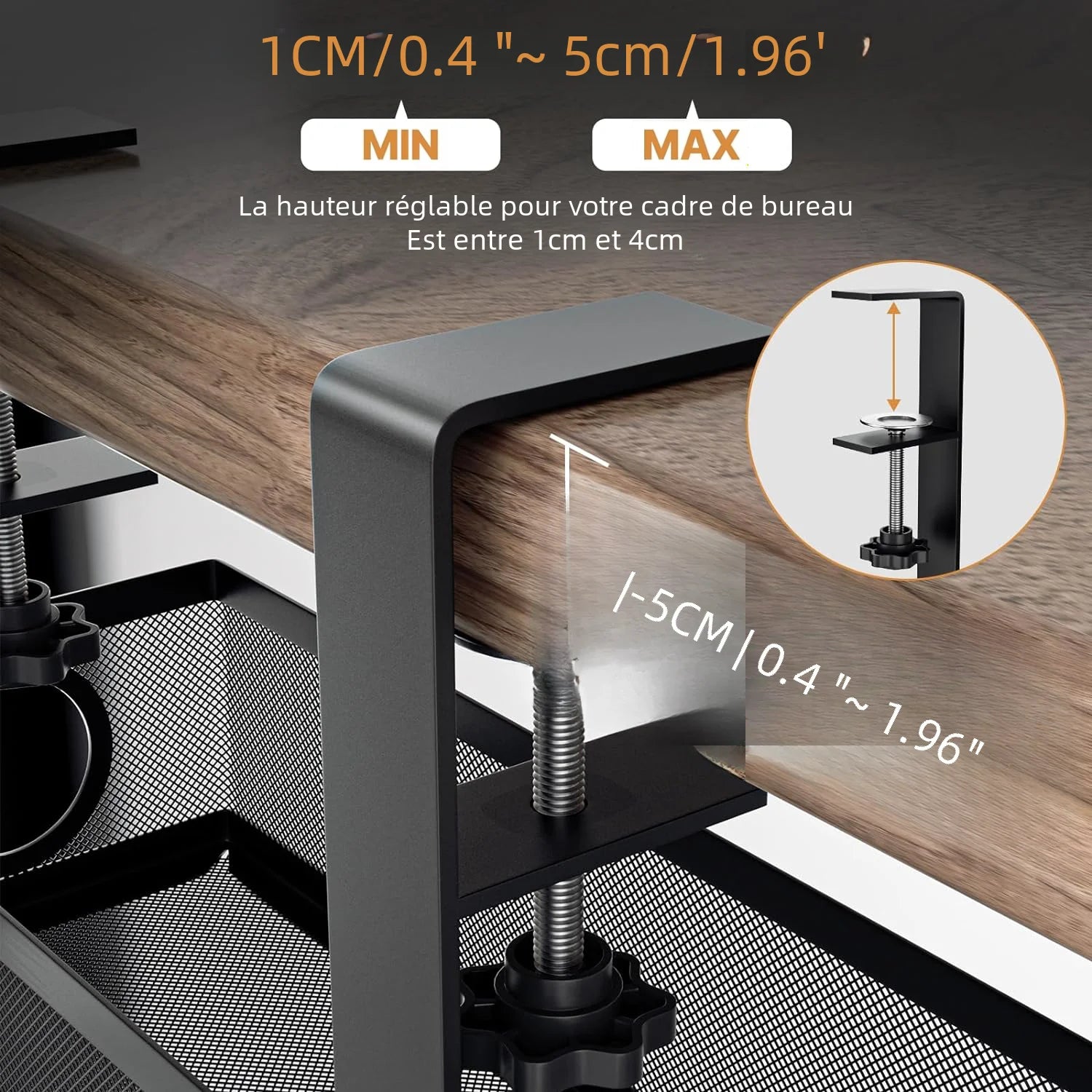 Plateau de gestion des câbles sous bureau – Fixation par pince, acier robuste, sans perçage