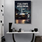 Affiche murale motivationnelle voiture de luxe – Poster citation "It Starts With A Dream", impression sur toile HD (sans cadre)