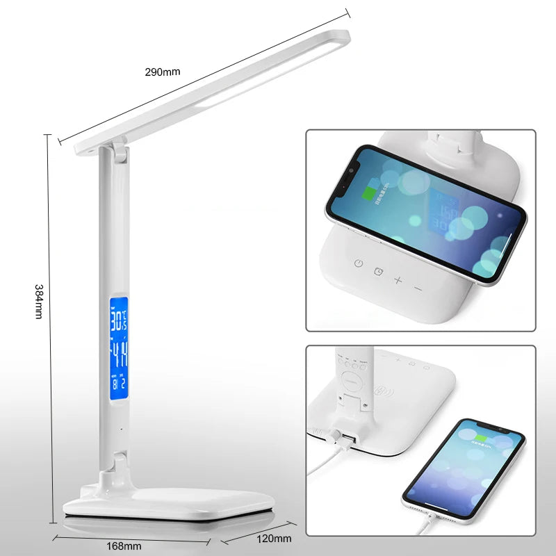 Lampe de bureau LED multifonction – Éclairage de table avec chargeur téléphone, réveil, ventilateur et porte-stylos