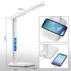 Lampe de bureau LED multifonction – Éclairage de table avec chargeur téléphone, réveil, ventilateur et porte-stylos