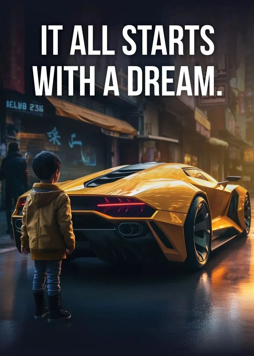 Affiche murale motivationnelle voiture de luxe – Poster citation "It Starts With A Dream", impression sur toile HD (sans cadre)