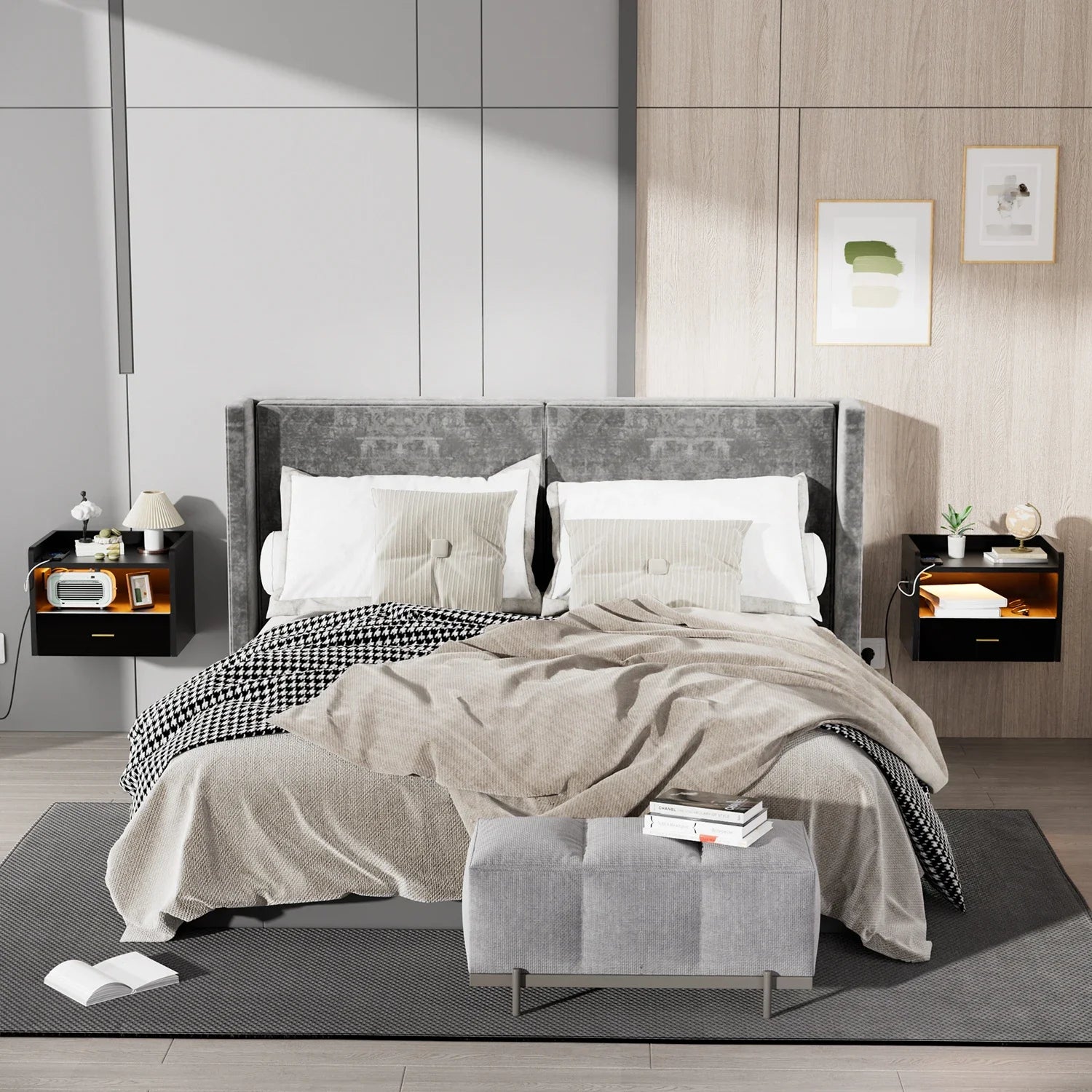 Table de chevet murale flottante avec tiroir – Prise AC, 2 ports USB et éclairage LED – Noir