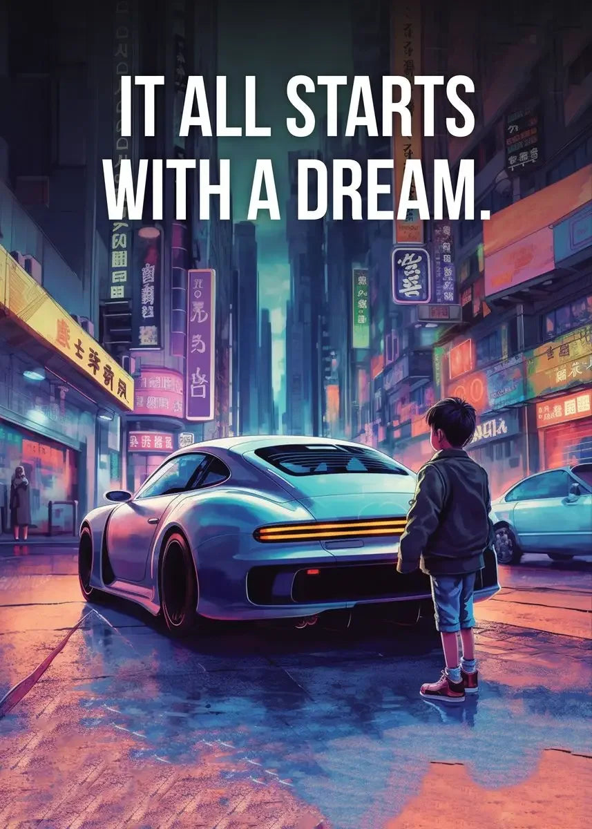 Affiche murale motivationnelle voiture de luxe – Poster citation "It Starts With A Dream", impression sur toile HD (sans cadre)