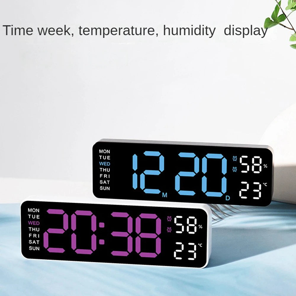 Horloge murale digitale LED – Affichage heure, température et humidité, réveil électronique avec luminosité réglable (12/24H)