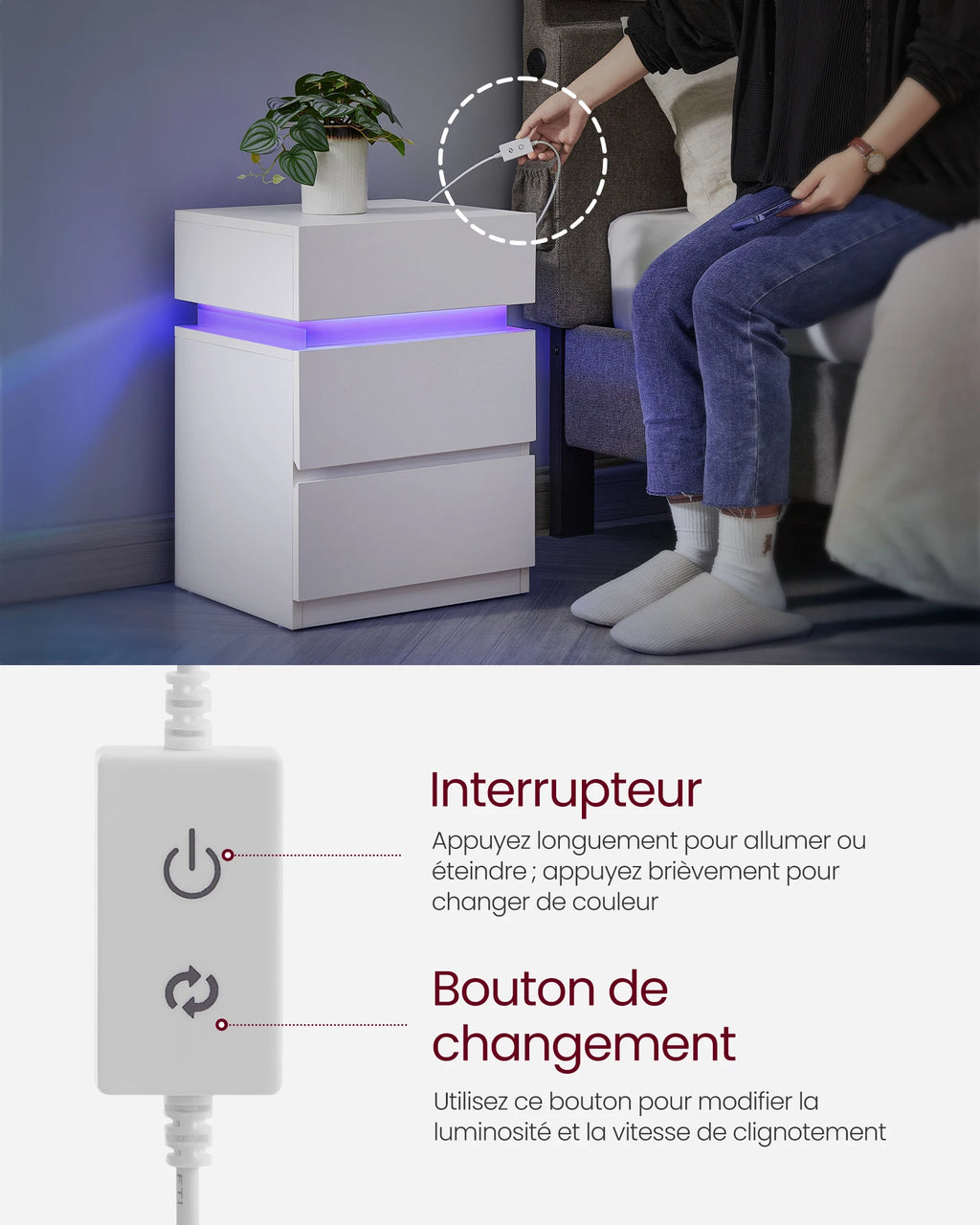 Table de chevet Moderne avec LED multicolore réglable – 3 tiroirs, style moderne, 35 × 40 × 55 cm