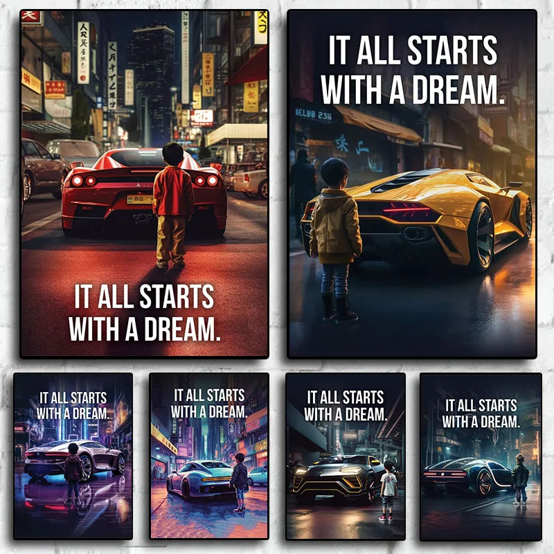 Affiche murale motivationnelle voiture de luxe – Poster citation "It Starts With A Dream", impression sur toile HD (sans cadre)