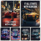 Affiche murale motivationnelle voiture de luxe – Poster citation "It Starts With A Dream", impression sur toile HD (sans cadre)