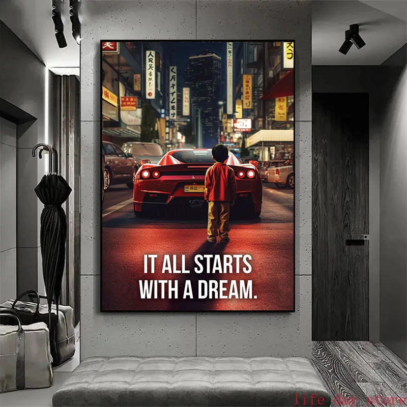 Affiche murale motivationnelle voiture de luxe – Poster citation "It Starts With A Dream", impression sur toile HD (sans cadre)