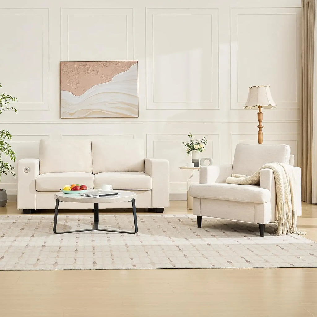 Fauteuil d’appoint style vintage – Fauteuil moderne en lin avec accoudoirs larges et pieds bois, chaise de lecture pour salon et chambre