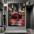 Affiche murale motivationnelle voiture de luxe – Poster citation "It Starts With A Dream", impression sur toile HD (sans cadre)