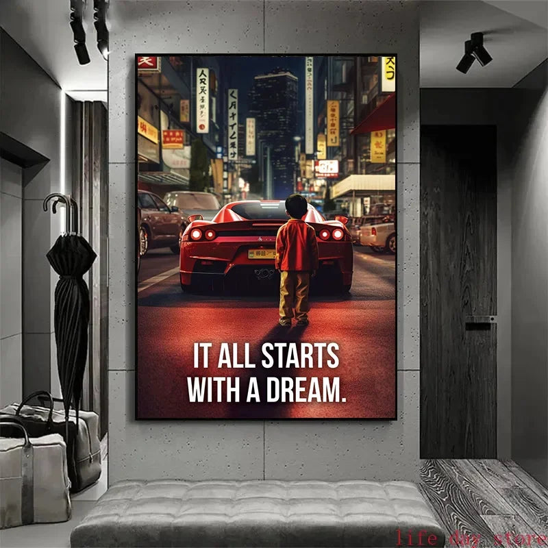 Affiche murale motivationnelle voiture de luxe – Poster citation "It Starts With A Dream", impression sur toile HD (sans cadre)