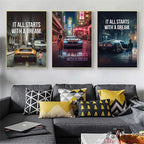 Affiche murale motivationnelle voiture de luxe – Poster citation "It Starts With A Dream", impression sur toile HD (sans cadre)