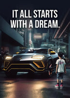Affiche murale motivationnelle voiture de luxe – Poster citation "It Starts With A Dream", impression sur toile HD (sans cadre)
