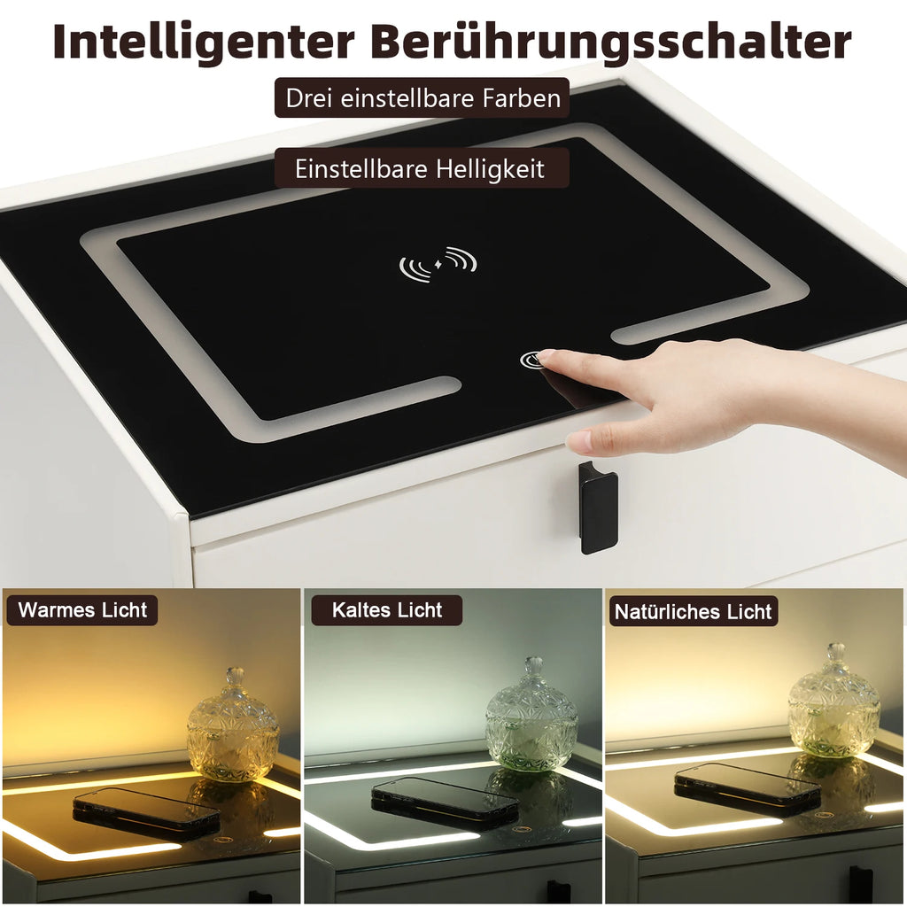 Table de chevet intelligente avec chargeur sans fil – LED intégrée et 2 tiroirs | Commode moderne pour chambre ou salon