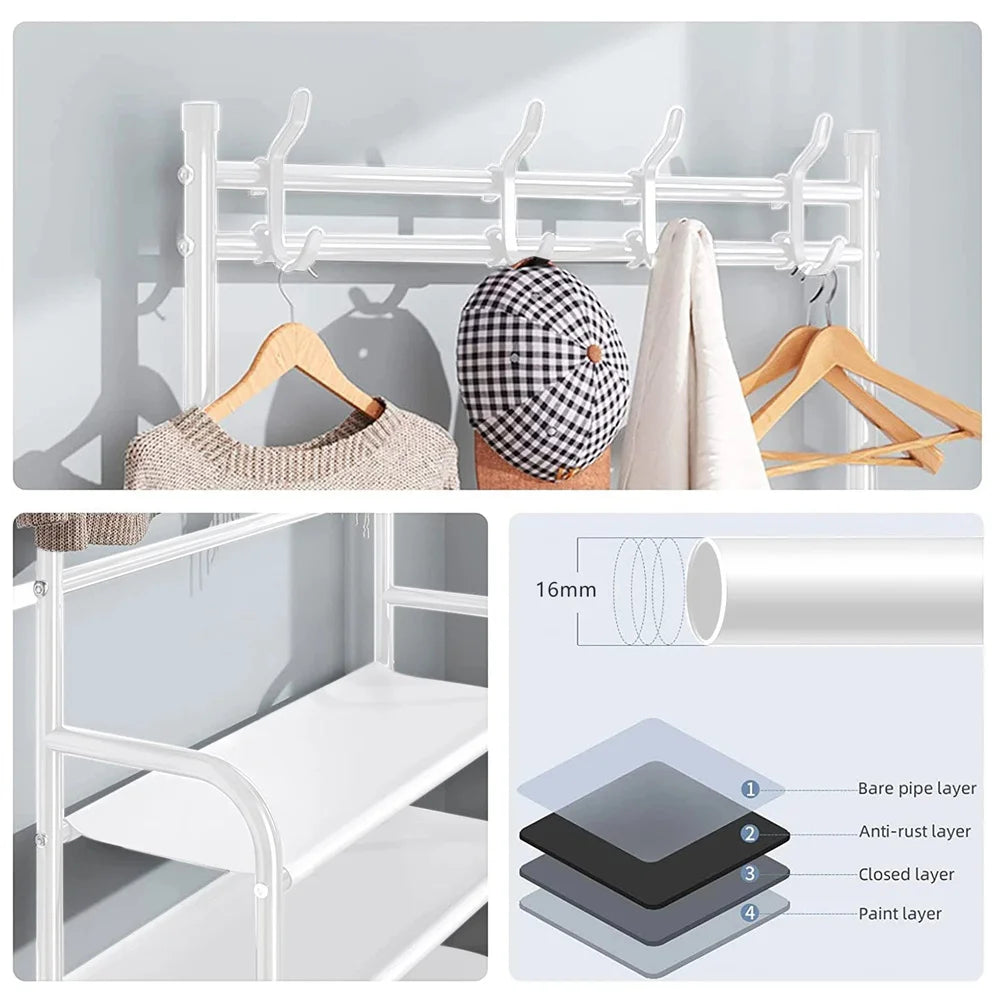 Meuble d’entrée 3-en-1 – Porte-manteaux avec 5 étagères à chaussures et 8 crochets, rangement métal moderne 80 cm