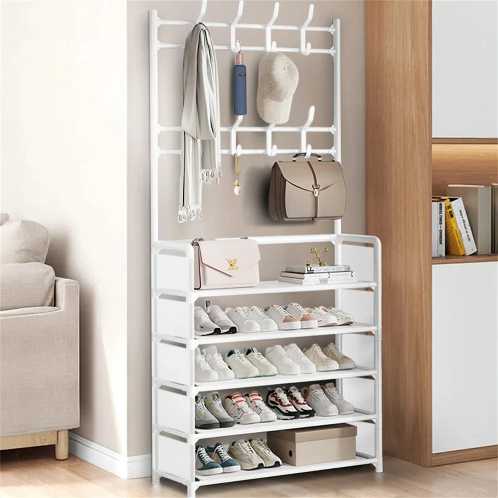 Meuble d’entrée 3-en-1 – Porte-manteaux avec 5 étagères à chaussures et 8 crochets, rangement métal moderne 80 cm
