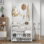 Meuble d’entrée 3-en-1 – Porte-manteaux avec 5 étagères à chaussures et 8 crochets, rangement métal moderne 80 cm
