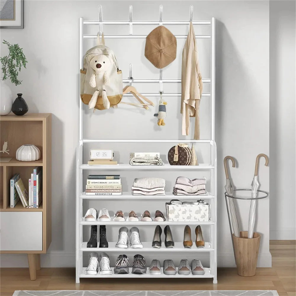 Meuble d’entrée 3-en-1 – Porte-manteaux avec 5 étagères à chaussures et 8 crochets, rangement métal moderne 80 cm