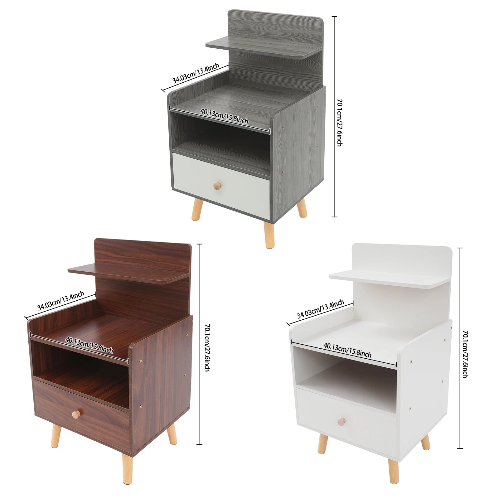 Table d’appoint étroite – Coloris Blanc / Gris / Noyer | Table de chevet, bout de canapé ou meuble de rangement pour petits espaces