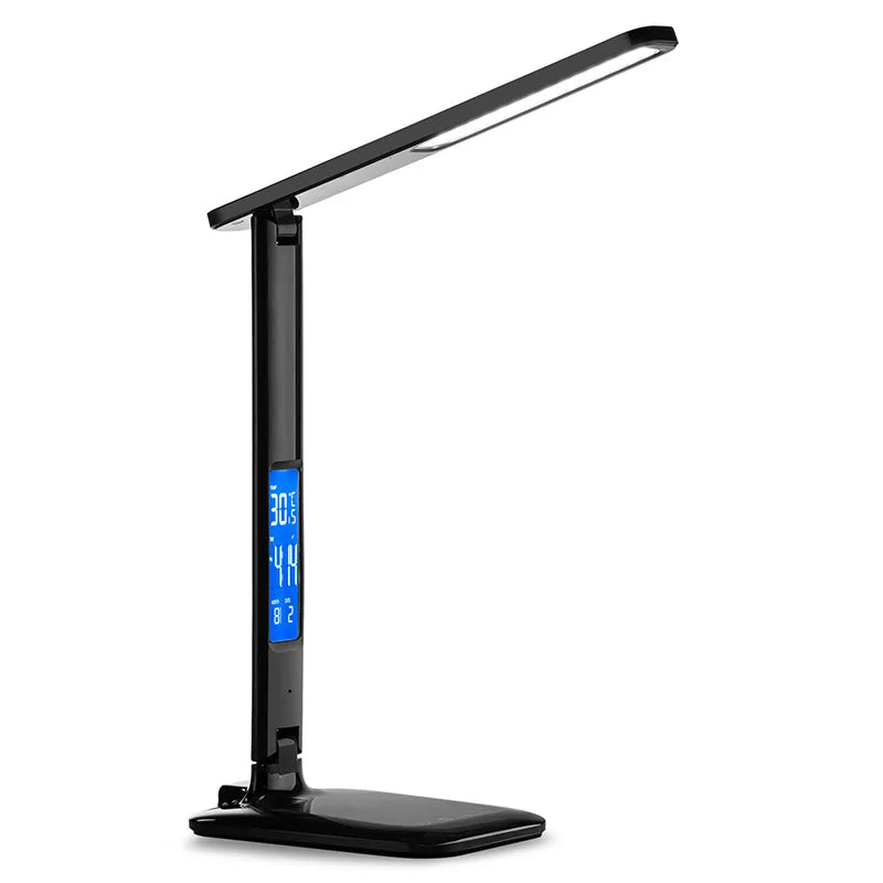 Lampe de bureau LED multifonction – Éclairage de table avec chargeur téléphone, réveil, ventilateur et porte-stylos