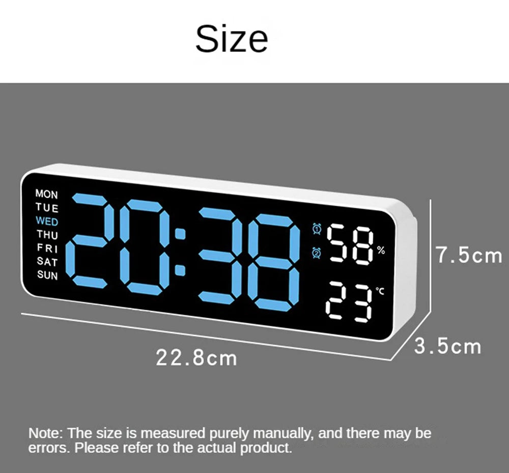 Horloge murale digitale LED – Affichage heure, température et humidité, réveil électronique avec luminosité réglable (12/24H)