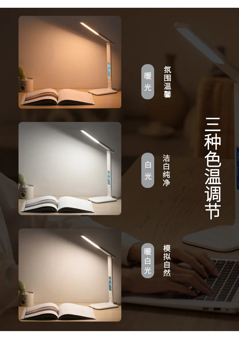 Lampe de bureau LED multifonction – Éclairage de table avec chargeur téléphone, réveil, ventilateur et porte-stylos