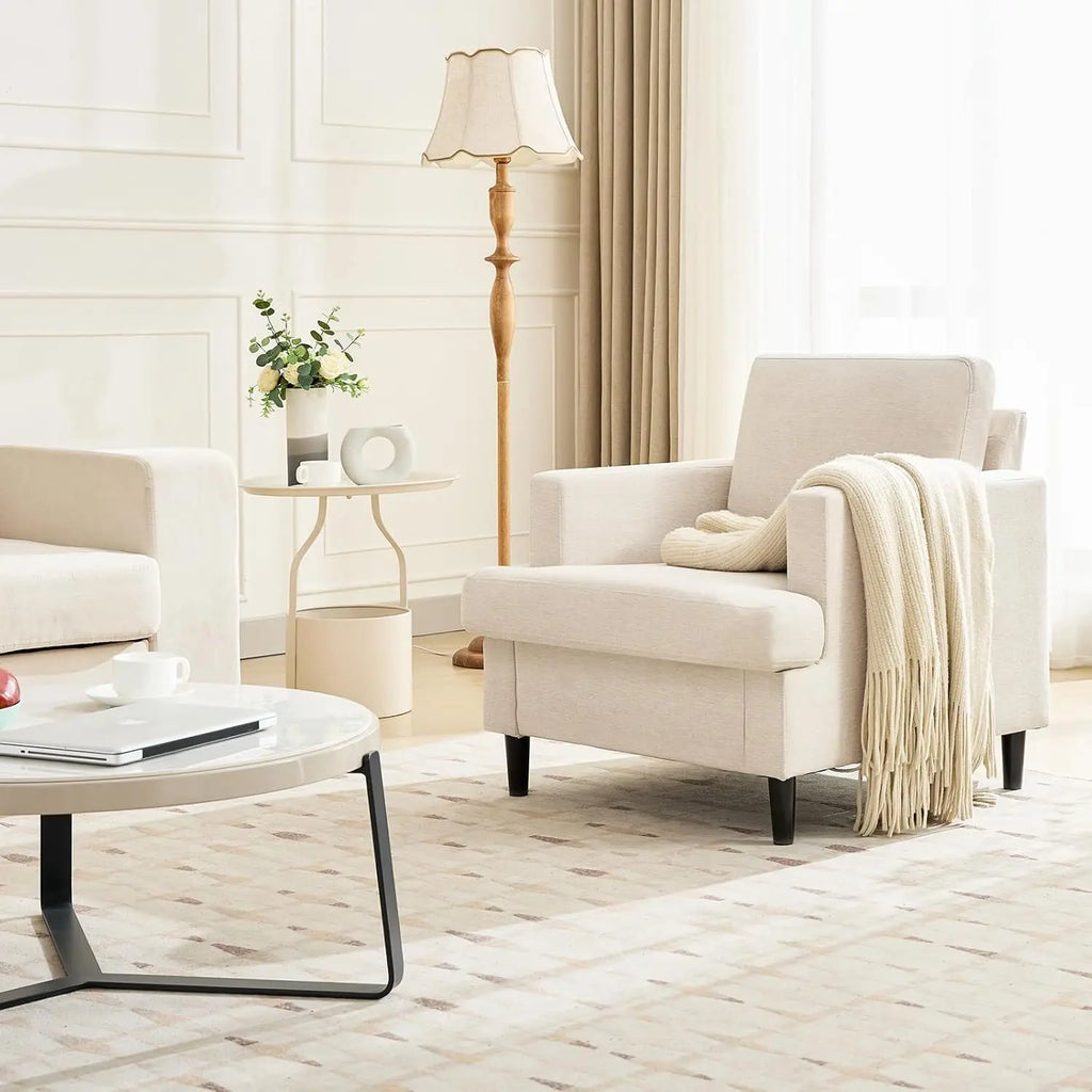 Fauteuil d’appoint style vintage – Fauteuil moderne en lin avec accoudoirs larges et pieds bois, chaise de lecture pour salon et chambre