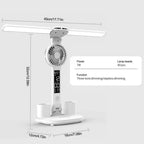 Lampe de bureau LED multifonction – Éclairage de table avec chargeur téléphone, réveil, ventilateur et porte-stylos