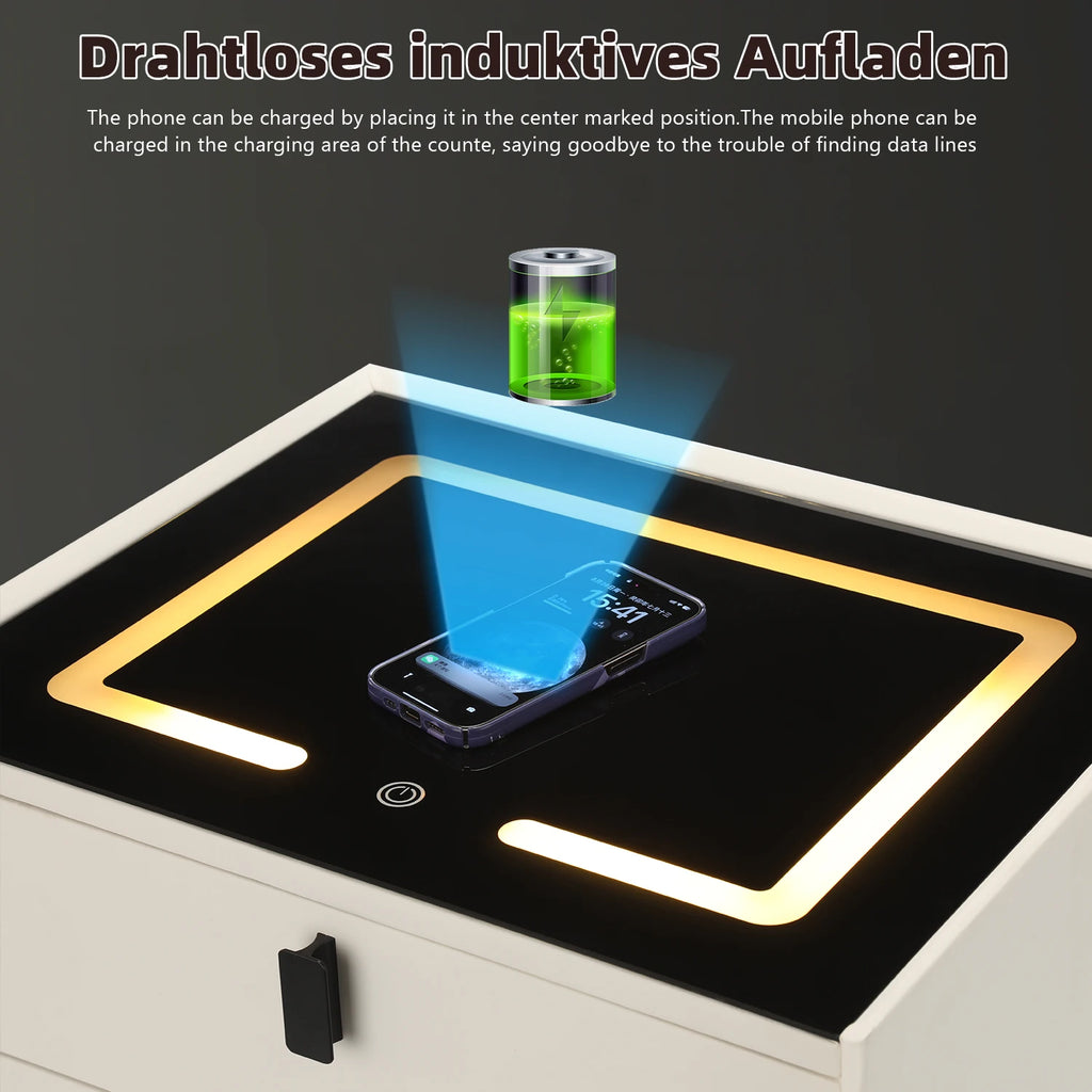 Table de chevet intelligente avec chargeur sans fil – LED intégrée et 2 tiroirs | Commode moderne pour chambre ou salon