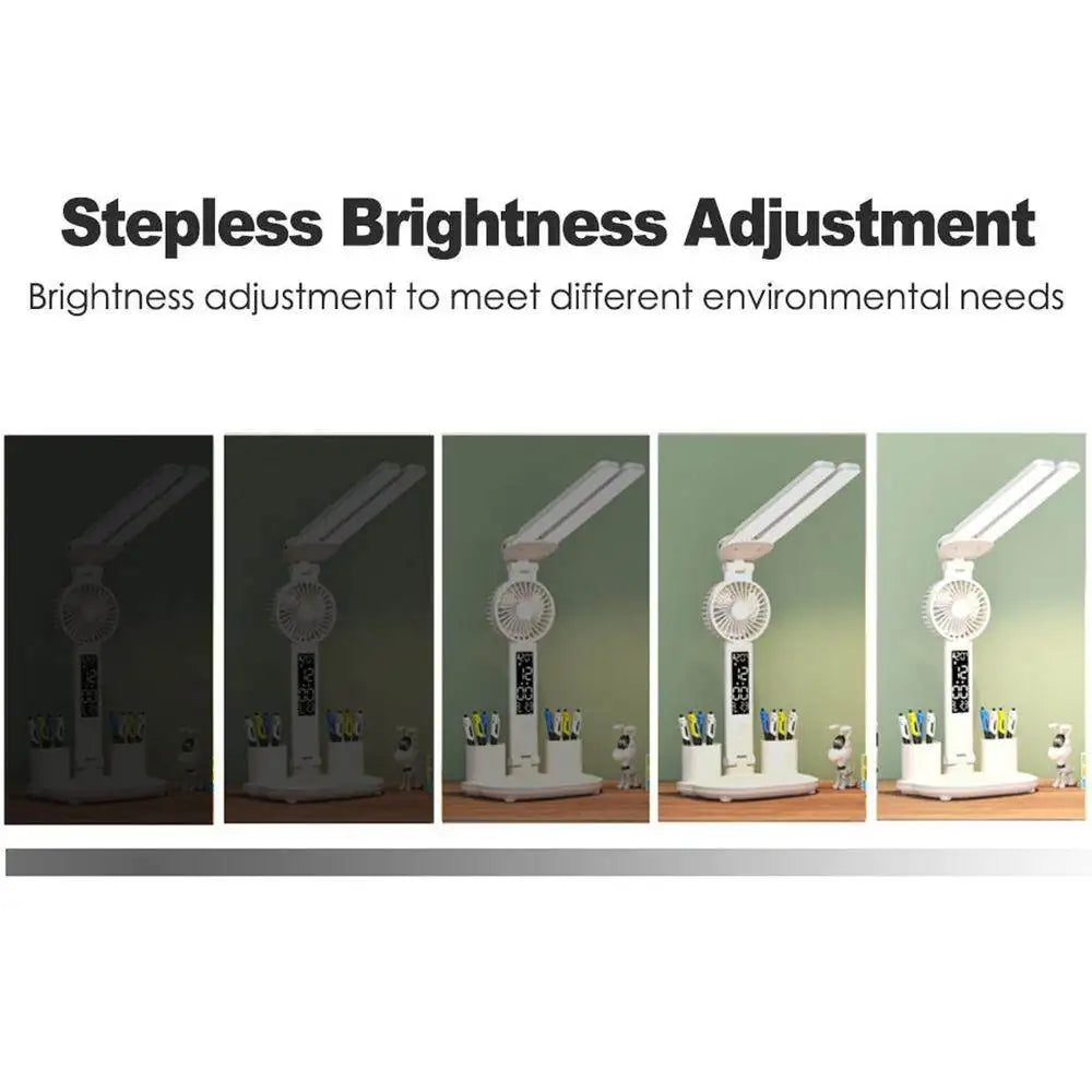 Lampe de bureau LED multifonction – Éclairage de table avec chargeur téléphone, réveil, ventilateur et porte-stylos
