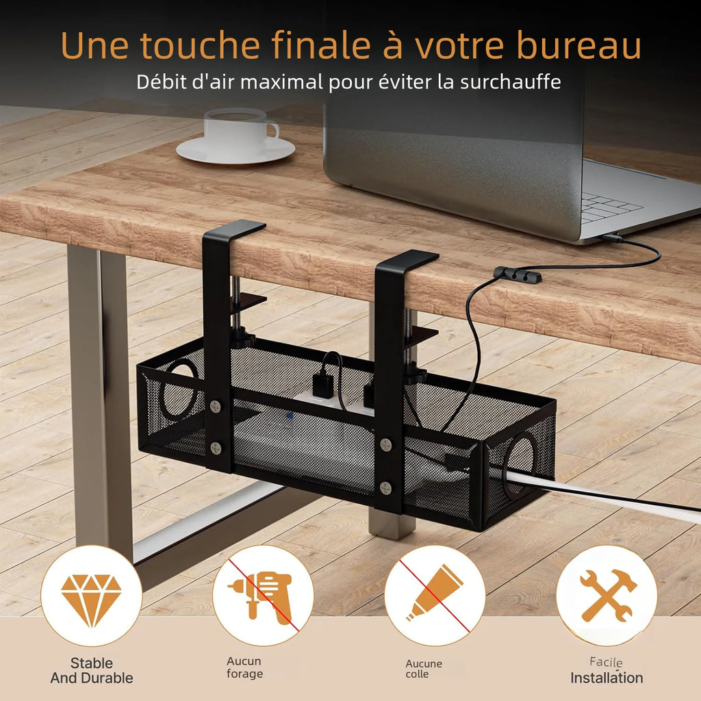 Plateau de gestion des câbles sous bureau – Fixation par pince, acier robuste, sans perçage