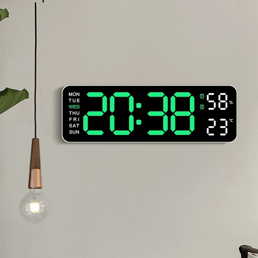 Horloge murale digitale LED – Affichage heure, température et humidité, réveil électronique avec luminosité réglable (12/24H)