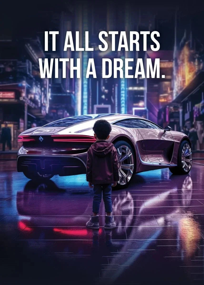 Affiche murale motivationnelle voiture de luxe – Poster citation "It Starts With A Dream", impression sur toile HD (sans cadre)