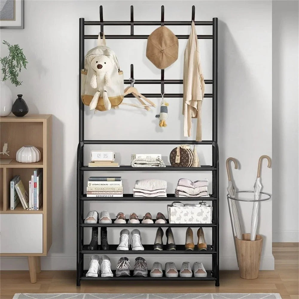 Meuble d’entrée 3-en-1 – Porte-manteaux avec 5 étagères à chaussures et 8 crochets, rangement métal moderne 80 cm