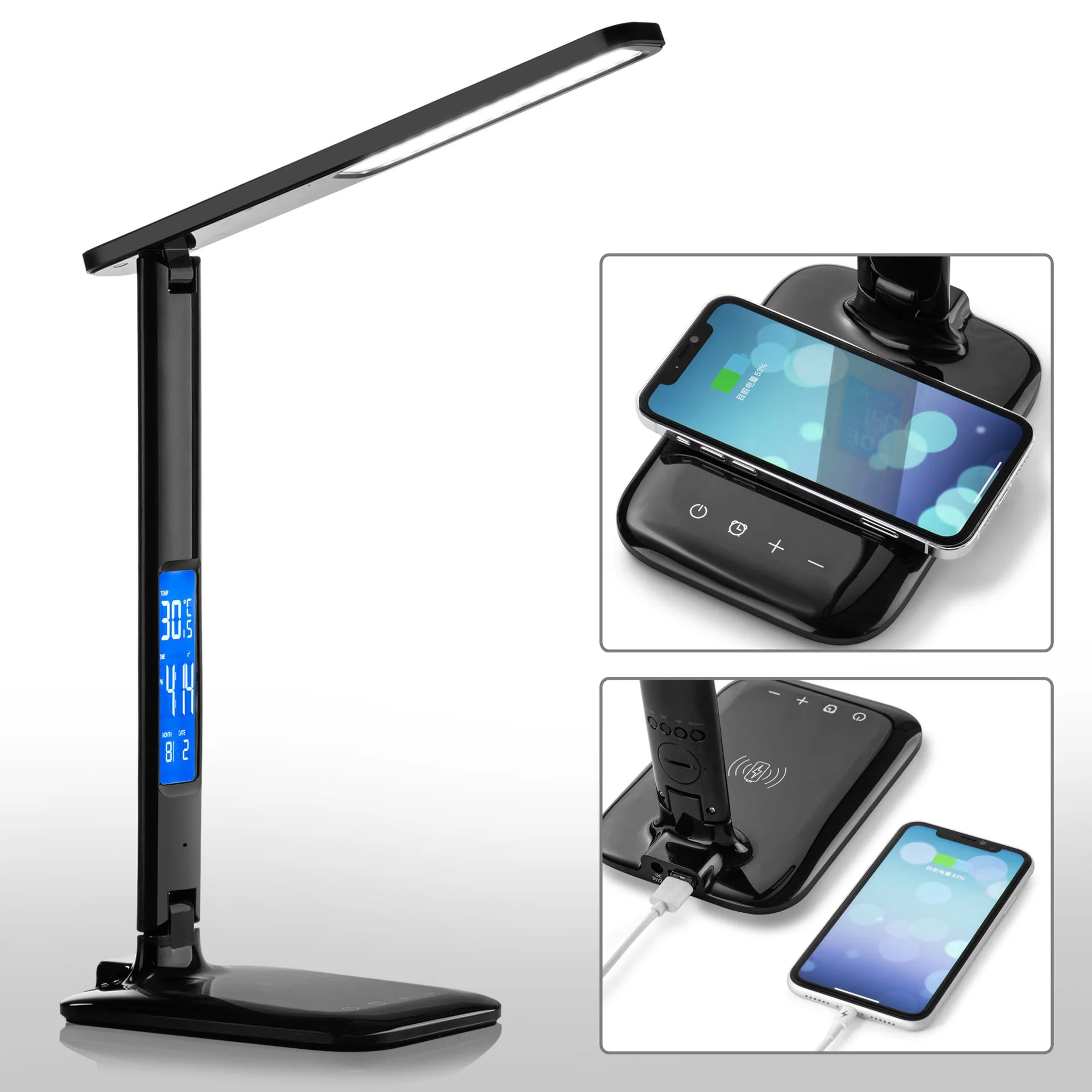 Lampe de bureau LED multifonction – Éclairage de table avec chargeur téléphone, réveil, ventilateur et porte-stylos