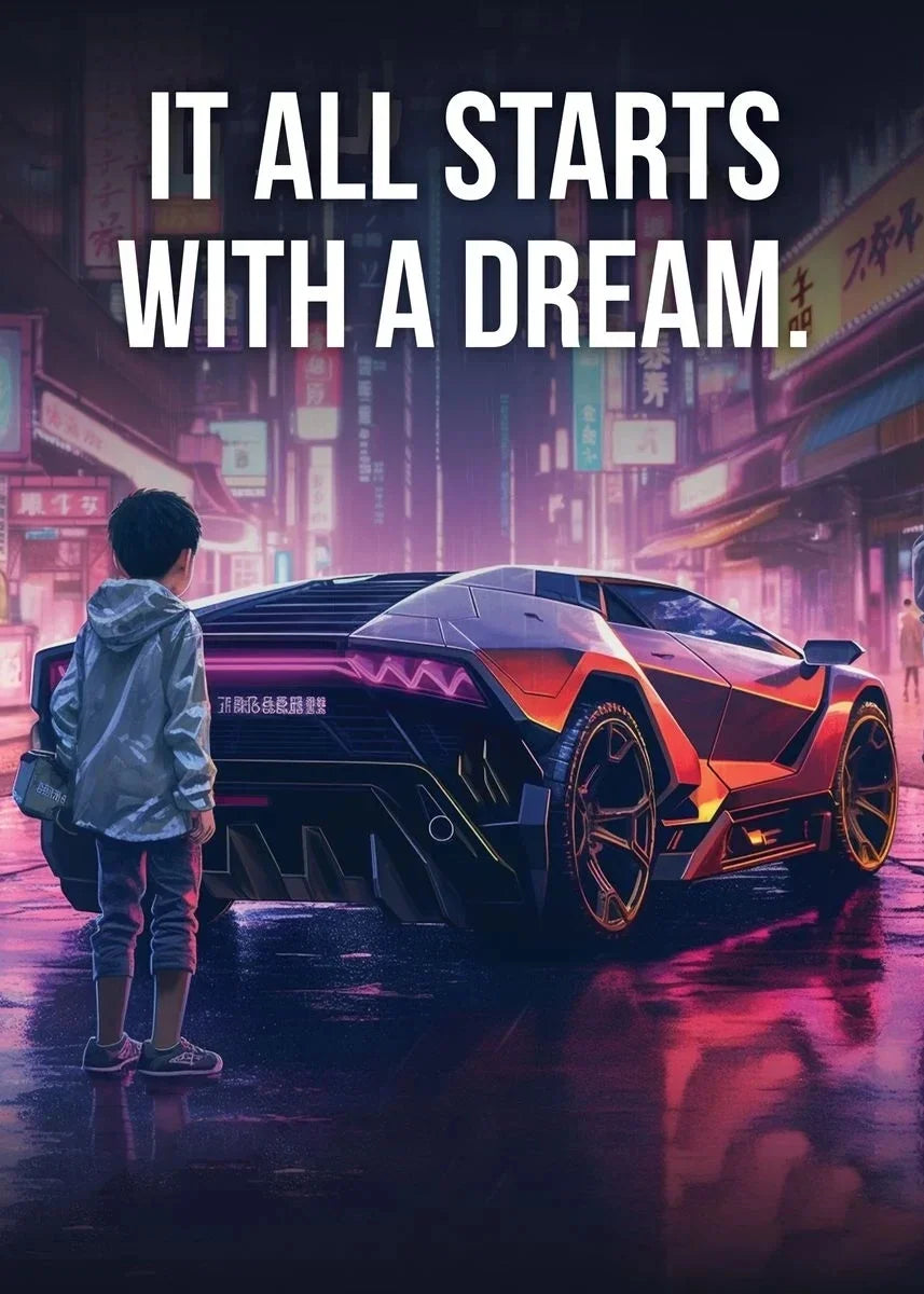 Affiche murale motivationnelle voiture de luxe – Poster citation "It Starts With A Dream", impression sur toile HD (sans cadre)
