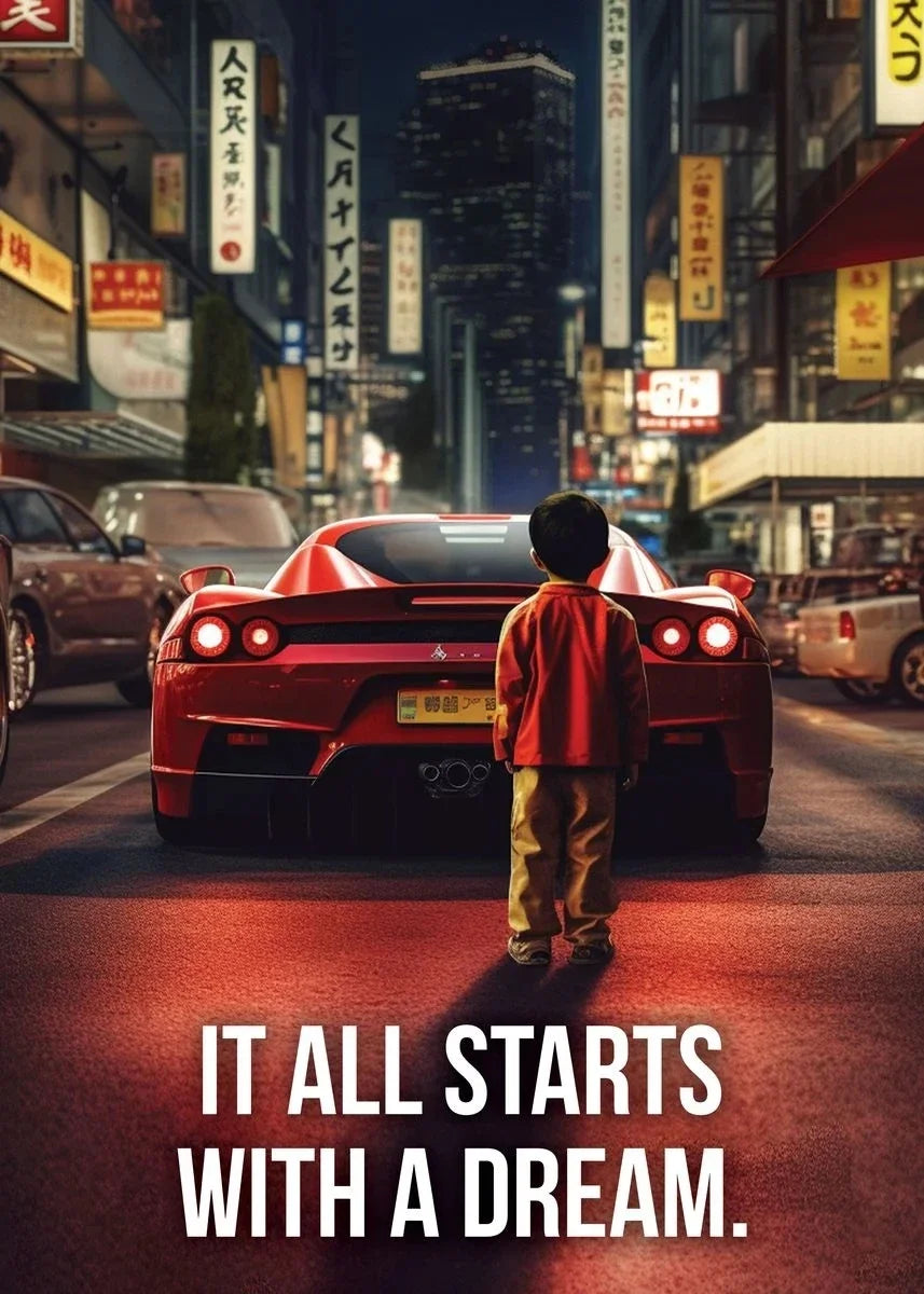 Affiche murale motivationnelle voiture de luxe – Poster citation "It Starts With A Dream", impression sur toile HD (sans cadre)