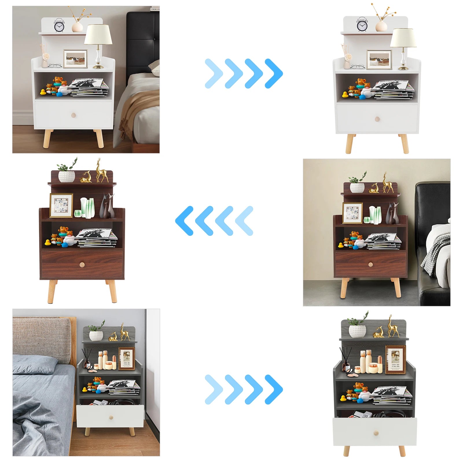 Table d’appoint étroite – Coloris Blanc / Gris / Noyer | Table de chevet, bout de canapé ou meuble de rangement pour petits espaces