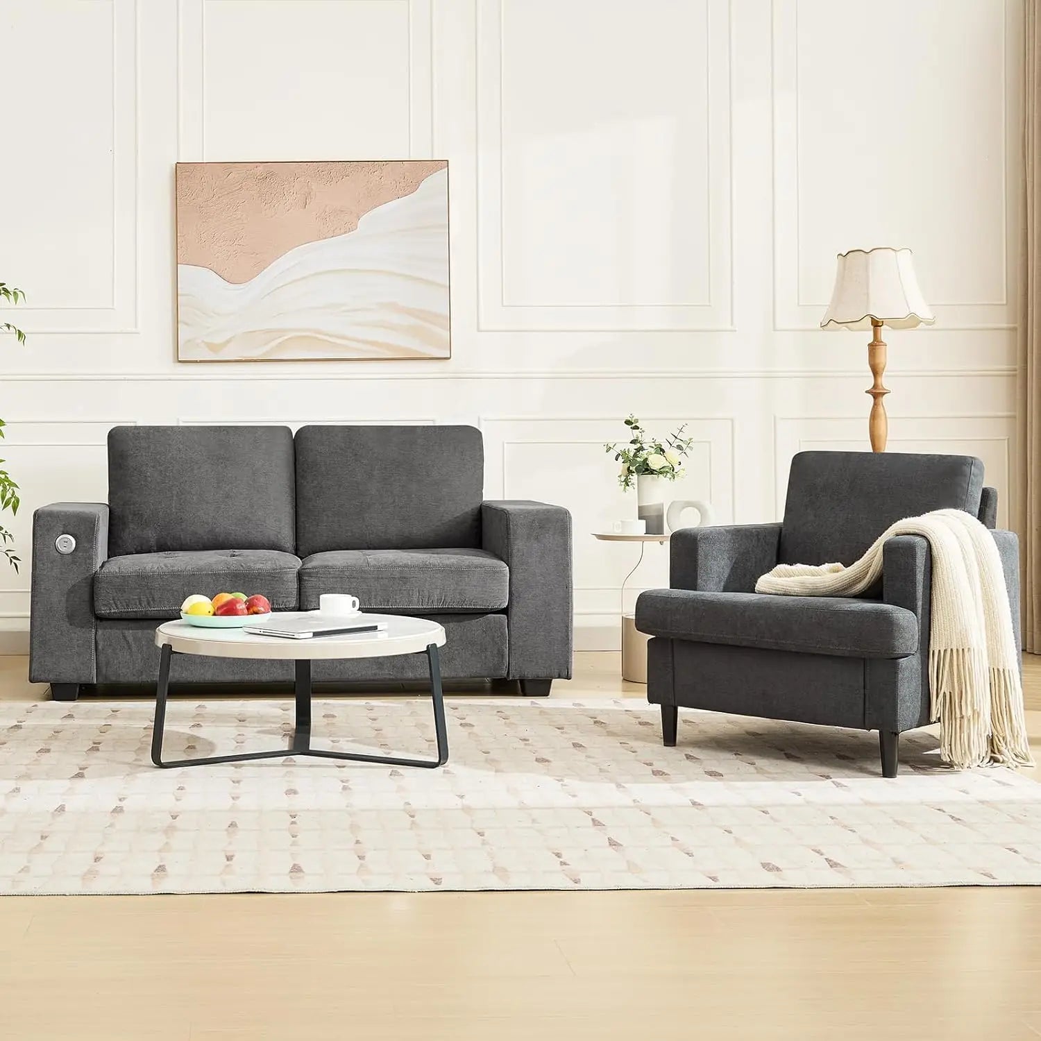 Fauteuil d’appoint style vintage – Fauteuil moderne en lin avec accoudoirs larges et pieds bois, chaise de lecture pour salon et chambre