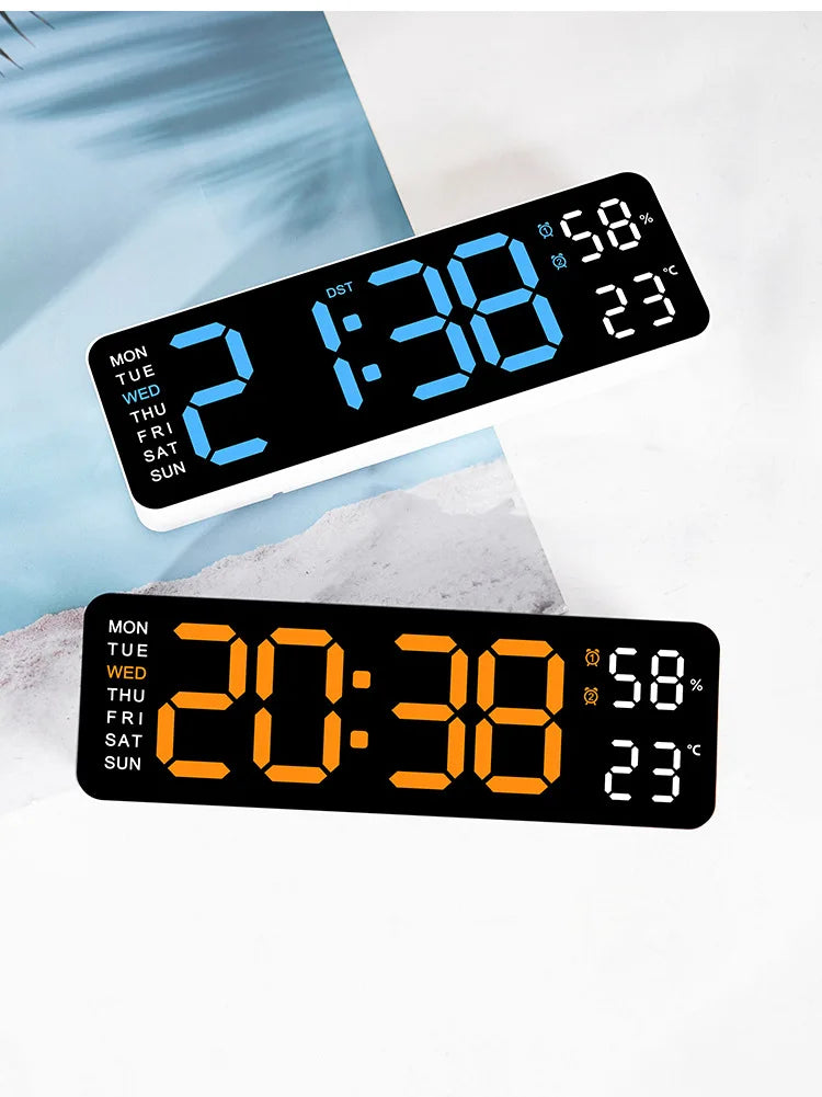 Horloge murale digitale LED – Affichage heure, température et humidité, réveil électronique avec luminosité réglable (12/24H)