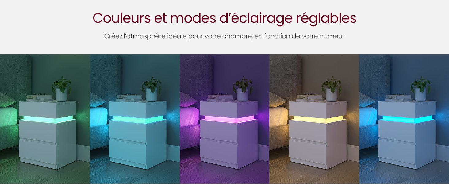Table de chevet Moderne avec LED multicolore réglable – 3 tiroirs, style moderne, 35 × 40 × 55 cm